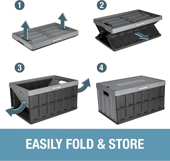 CleverMade Collapsible Storage Bins with Lids - Stone 3 Pack 62L - Plastic Containers Stackable Organization Crates Home Closet Space-Saving Durable