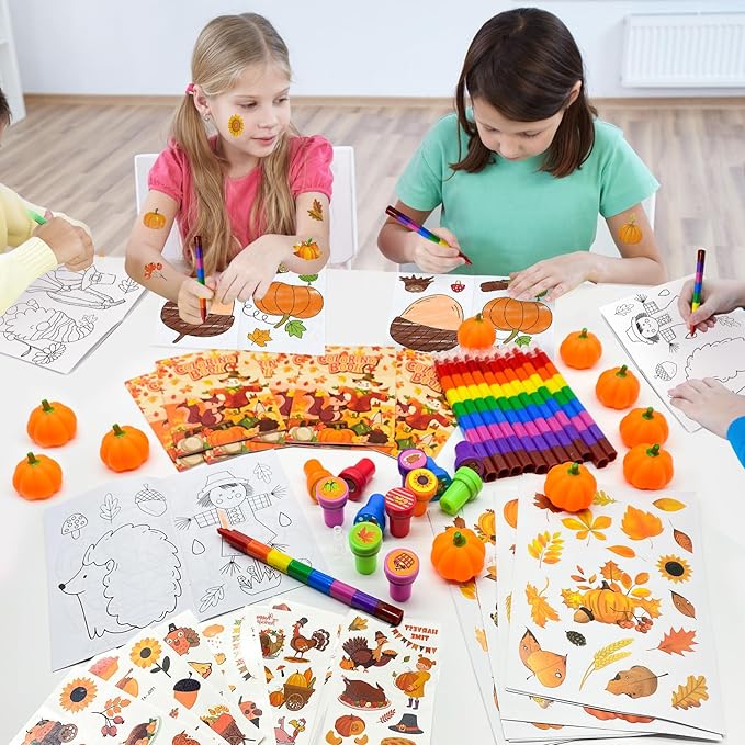 Cinrobiye 72 Pcs Fall Party Favors Thanksgiving Day Fall Coloring Books Squishy Pumpkins Tattoo DIY Sticker Stampers Class Reward Prizes for Autumn Harvest School Party
