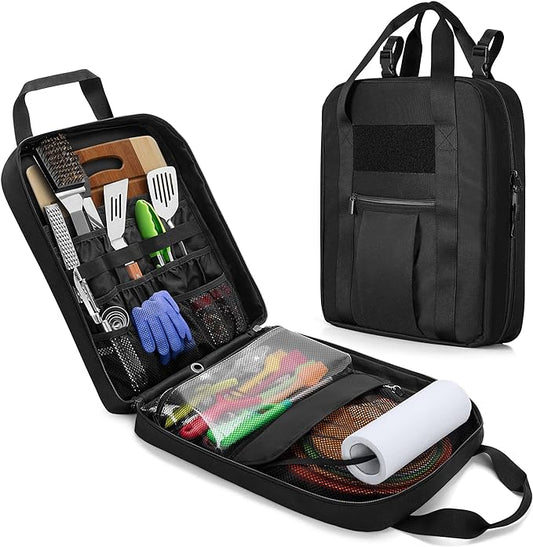 Hanging Camp Utensil Organizer with Towel Paper Holder, Portable Camping Kitchen Cookware Bag for Knives, Forks, Spoons & More, Outdoor Cooking Tools Storage Box for Travel & Hiking, Bag Only