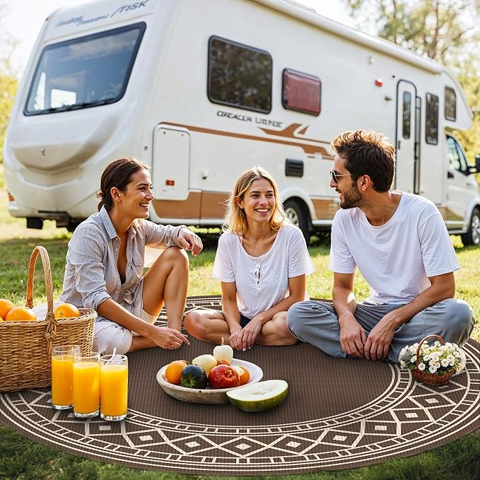 GENIMO Outdoor Rug Waterproof for Patio Decor, Round 10' Foldable Reversible Plastic Straw Carpet, Outside Area Mat for Rv, Deck, Picnic, Porch, Camper, Balcony, Beach, Coffee & Brown