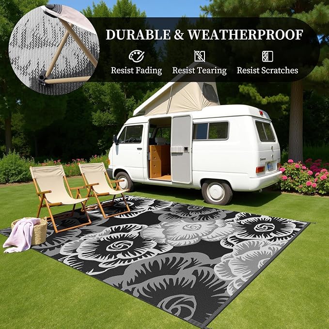 MontVoo Outdoor Rug 9x12 Waterproof Patio Rug-Outdoor Carpet Mat Reversible Plastic Straw Outside Outdoor Rug for RV Camping Picnic Beach Balcony Backyard Pool Deck Porch Farmhouse Floral Black