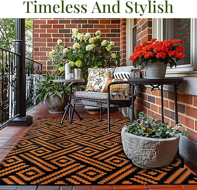 OPPODREAM Outdoor Rug 5x8 Ft, Waterproof Outdoor Plastic Straw Rug for Patio, Reversible Out Door Carpet for Camping, Deck, Rv, 5 x 8 Area Carpet for Balcony, Porch, Backyard, Black and Orange