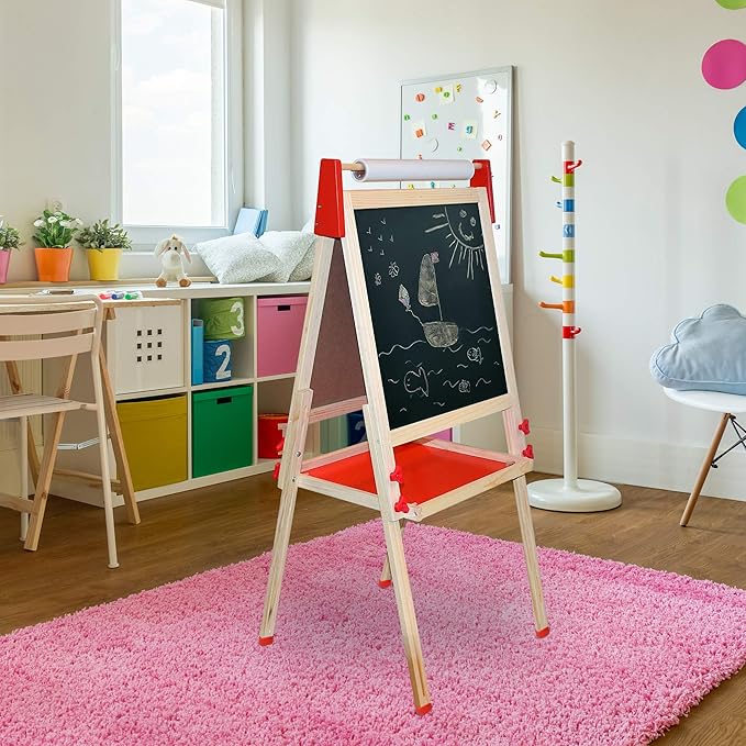 Deluxe Standing Art Easel, Dry-Erase Board Chalkboard Magnetic Whiteboard Paper Roll and Accessories, Ultimate All-in-One Wooden Kid's Art Easel