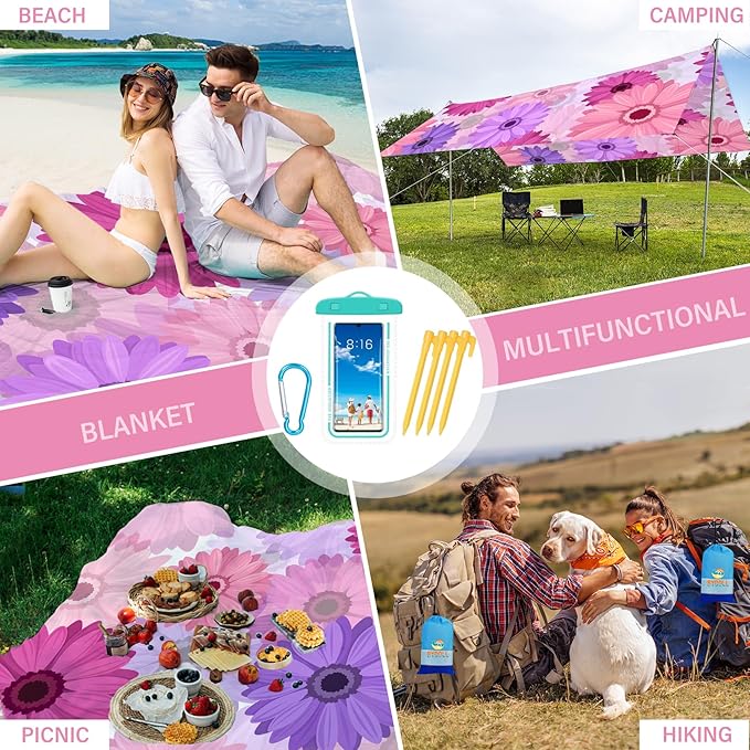 BYDOLL Beach Blanket Waterproof Sandproof 78''×81'' Suits1-4 Adults Compact Lightweight Oversized Sand-Free Blanket Large Picnic Mat for Beach Travel Camping Hiking