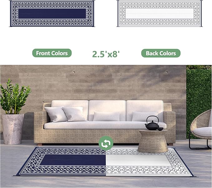 GENIMO Outdoor Rug Waterproof for Patio, 2.5'x8' Foldable Reversible Plastic Straw Runner Rug Carpet for Porch, Outside Area Mat for Rv, Deck, Picnic, Camper, Balcony, Beach, Blue & White