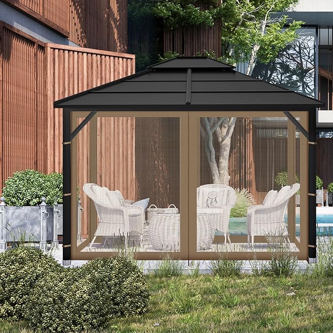 Gazebo Replacement Mosquito Netting Outdoor Universal Gazebo Canopy 4-Panels Screen Sidewalls with Zipper for Patio Garden (Brown, 10x12)