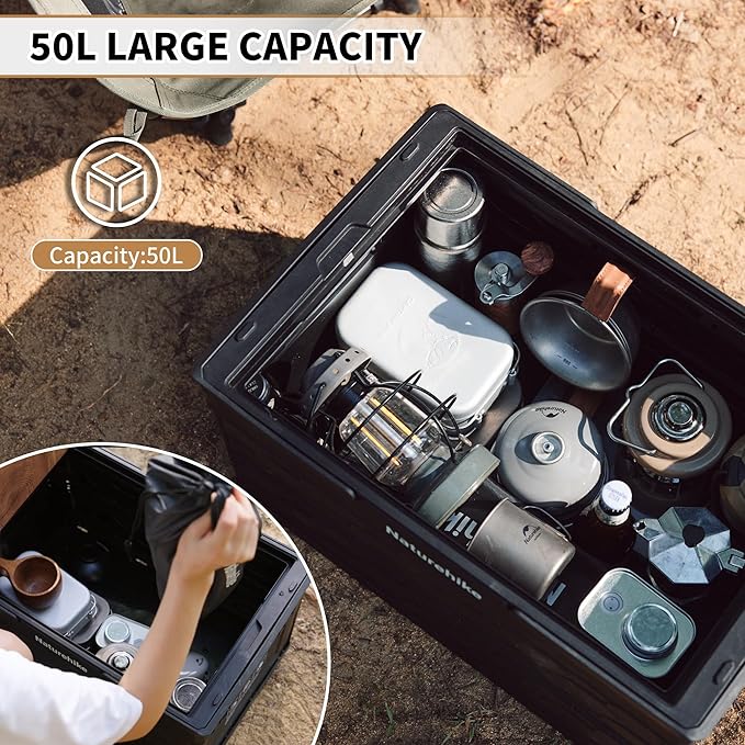 Naturehike Lispace Camping Table with Storage Box, 50L Collapsible Trunk Organizer with Lid, Folding Storage Bin for Camping Picnic Home