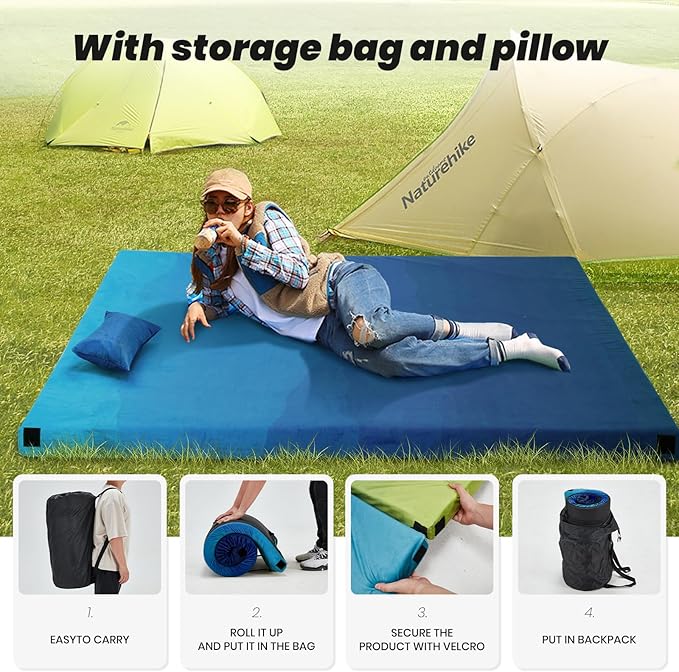 Memory Foam Camping Pad, Camping Sleeping Pad, Camping Mattress Pad with Pillow & Travel Bag, Portable Floor Mat Roll Up for Guest Adults Side Sleepers Indoor Outdoor Travel