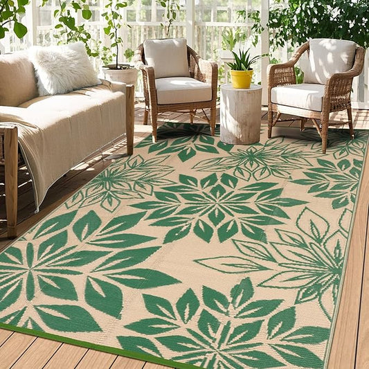 Waterproof Outdoor Rugs 5x8, Green Outdoor Plastic Straw Rug Double-Sided, Fade Resistant Patio Rug, Easy Cleaning RV Camping Mats Outside Carpet Portable for Balcony Porch Garden Deck Picnic