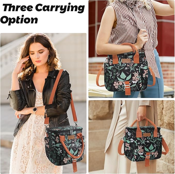 Joymee Large Insulated Lunch Bag for Women Adults, Reusable Waterproof Lunch Box for Work Picnic Camping, Small Lunch Cooler Leakproof Tote with Side Pocket Adjustable Shoulder Strap - Green Leaf