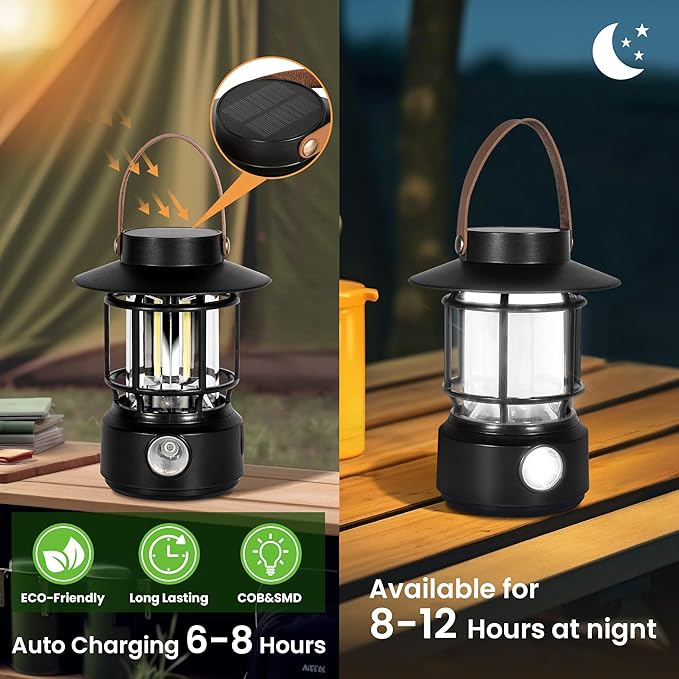 LED Camping Lantern, Solar Rechargeable Lantern Camping Lights with Side Lights, 1000LM Retro Style Portable Flashlight, IPX5 Waterproof Lanterns for Power Outages, Emergency, Hurricane, Hiking