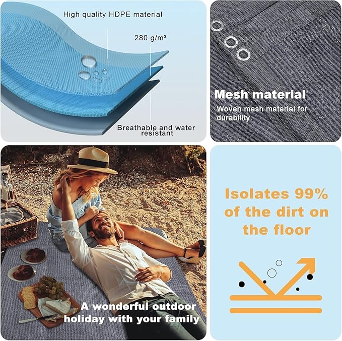 FoundGo Awning Carpet HDPE Camping Outdoor Rug with Eyelets,Nails,Broom,for RV,Patio,Backyard,Picnic,Beach,Trailer 9'*18' (2.74 * 5.49m)-Blue Grey