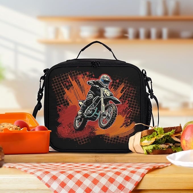 Doodle Motorcycle Lunch Bag Dirt Bike Lunch Boxes for Women/Man Office Work Travel, School, Work, Picnic, Durable Reusable Insulated Large Lunch Tote Bag with Adjustable Shoulder Strap