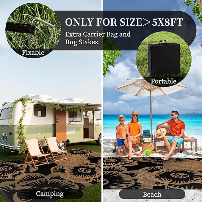 MontVoo Outdoor Rug-Waterproof Patio Rug Mat 6x9 Outdoor Carpet Mat Reversible Plastic Straw Outside Outdoor Rug for RV Camping Picnic Beach Balcony Backyard Pool Deck Farmhouse Floral Black Brown
