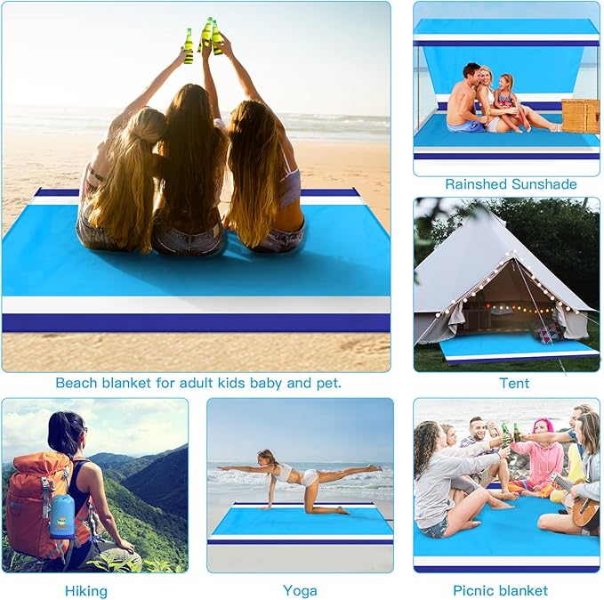 BYDOLL Beach Blanket Waterproof Sandproof 78''×81'' 1-7 Adults Oversized Lightweight Large Picnic Mat Waterproof Sandproof Blanket for Beach