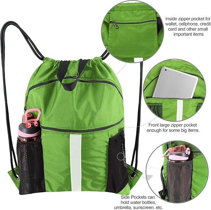 BeeGreen Drawstring Backpack Bag with Shoe Compartment, X-Large Black Gym Sports String Cinch Backpack