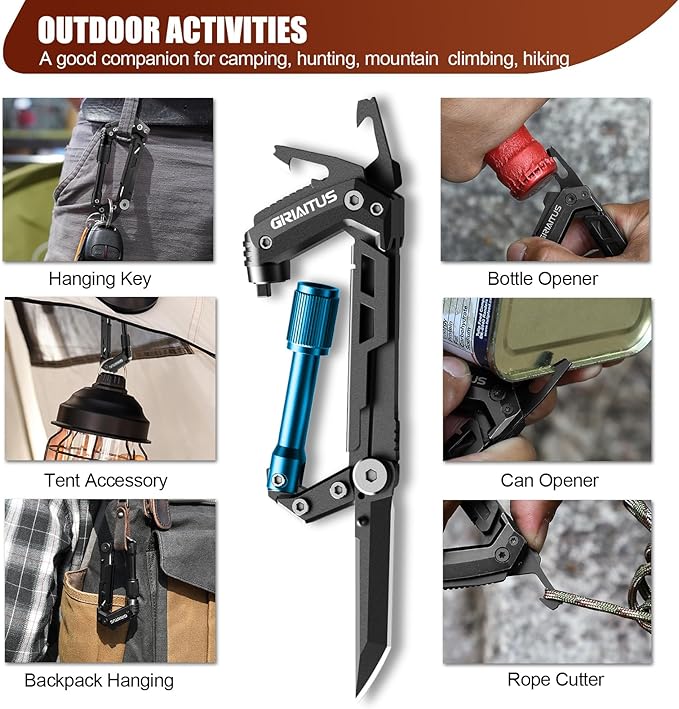 Carabiner Multitool with Pocket Knives, EDC Carabiners, Serrated Knife, Rope Cutter, Screwdriver, Can Bottle Opener, Ruler, Folding Knife for Camping Hiking, Gifts for Men (Blue)