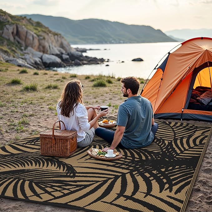 GENIMO Outdoor Rug 9' x 12' Waterproof for Patio Clearance, Reversible Plastic Straw Camping Carpet, Lightweight Mats for Rv, Backyard, Deck, Porch, Picnic, Beach, Balcony, Black & Brown