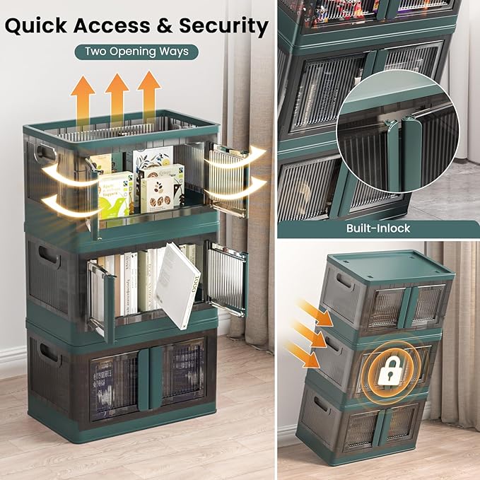 8.4Gal Collapsible Storage Bins with Lids & Wheels - 2 Pack Stackable with Doors, Heavy-Duty Plastic Containers for Home/Office, Green