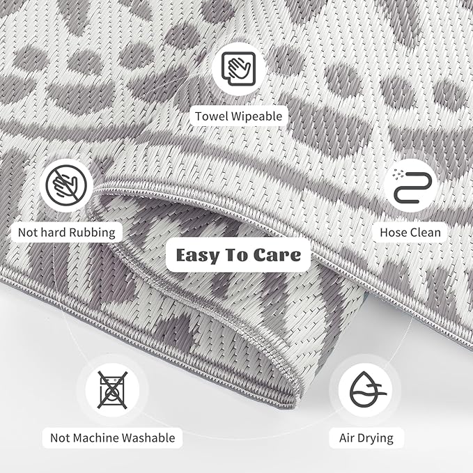 Ileading Outdoor Plastic Straw Rug 8x10ft Modern Geometric Style Reversible Patio Area Rugs Waterproof Non Shedding Portable Carpets for Rv Outside Deck Pool Beach Picnic Camping (Grey)