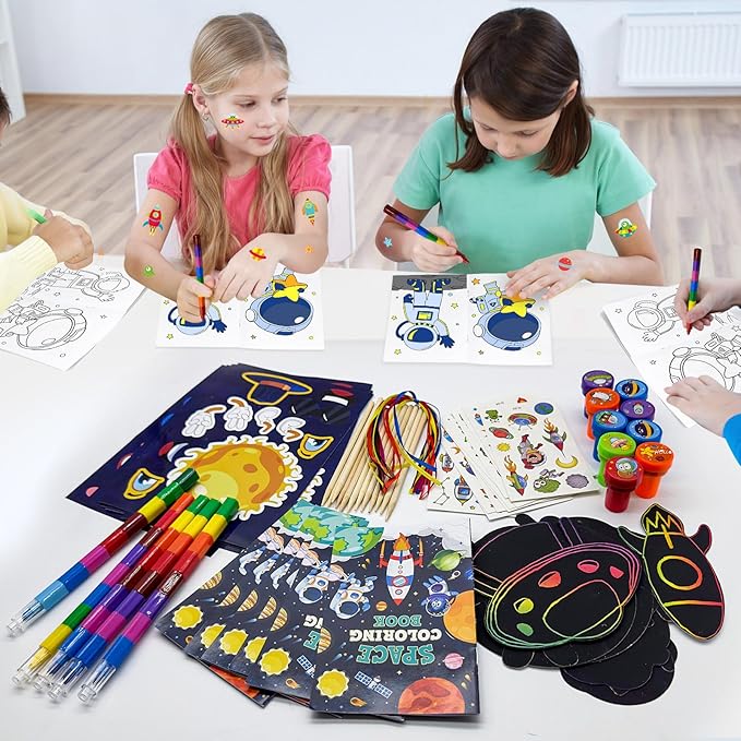 72 Pcs Outer Space Coloring Book with Crayons Party Favors,Space Astronaut Party Goodie Bags Fillers,Galaxy Planet Birthday Party Games Craft DIY Kit Magic Scratch Art Paper Tattoo for Rocket Pinatas