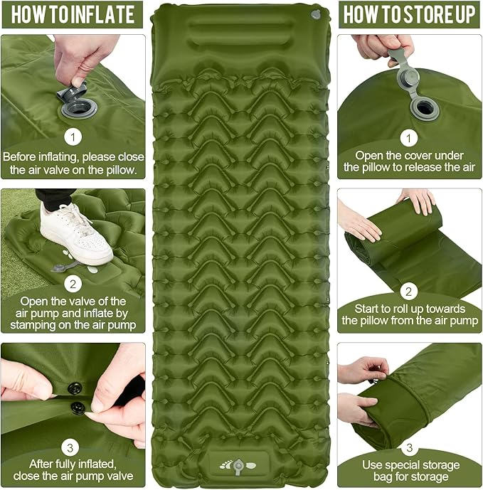 Sleeping Pad, Ultralight Inflatable Sleeping Pad for Camping, Built-in Pump, Ultimate for Camping, Hiking, Airpad, Carry Bag, Repair Kit, Compact & Lightweight Air Mattress(Green)