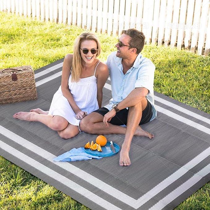 8'x 10' Outdoor Rug,Waterproof Reversible Patio Rugs,8x10 ft Plastic Straw Outdoor Carpet Foldable Plastic Camping Mat for Outside RV, Patio,Picnic,Camper,Balcony,Porch(Gray&White)