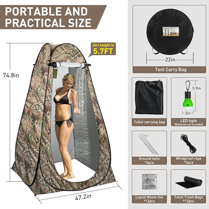 Portable Camping Toilet with Pop-Up Privacy Tent, 12-inch Toilet Seat, Outdoor Portable Folding Toilet Potty for Adults Load Capacity of 400 Lbs, LED-Light Camping Bathroom