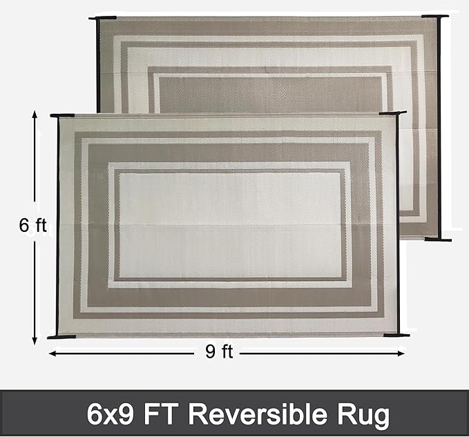 RURALITY Outdoor Rugs 6x9 Waterproof for Patios Clearance,Plastic Straw Mats for Backyard,Porch,Deck,Balcony,Reversible,Geometric