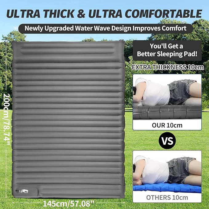 LAMA Double Sleeping Pad for Camping, 2 Persons Self Inflating Camping Mattress for Sleeping, Ultra-Thick 4" Sleeping Mat with Pillow Built-in Pump, Ultralight Camping Mat for Backpacking, Hiking, GY