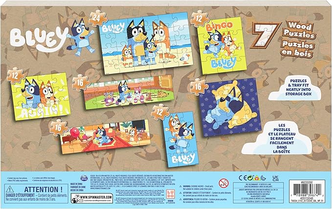 Bluey, 7 Wood Puzzles Jigsaw Bundle 12-Piece 16-Piece 24-Piece Easy Cartoon Disney Jr. Show with Storage Tray, for Kids Ages 4 and up