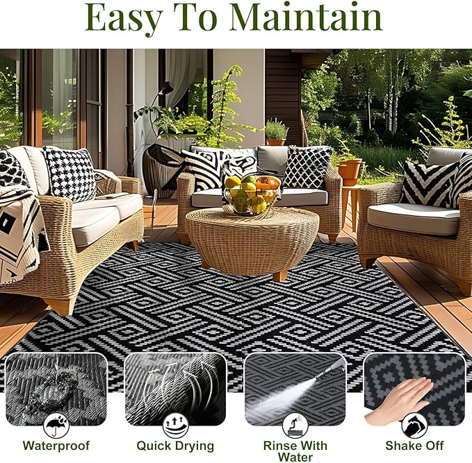 OPPODREAM Outdoor Rug 9x12 Patio Waterproof, Large Outdoor Plastic Straw Rug, Reversible Out Door Carpet for Camping, Deck, Rv, 9 x 12 Area Carpet for Balcony, Porch, Backyard, Black and Grey