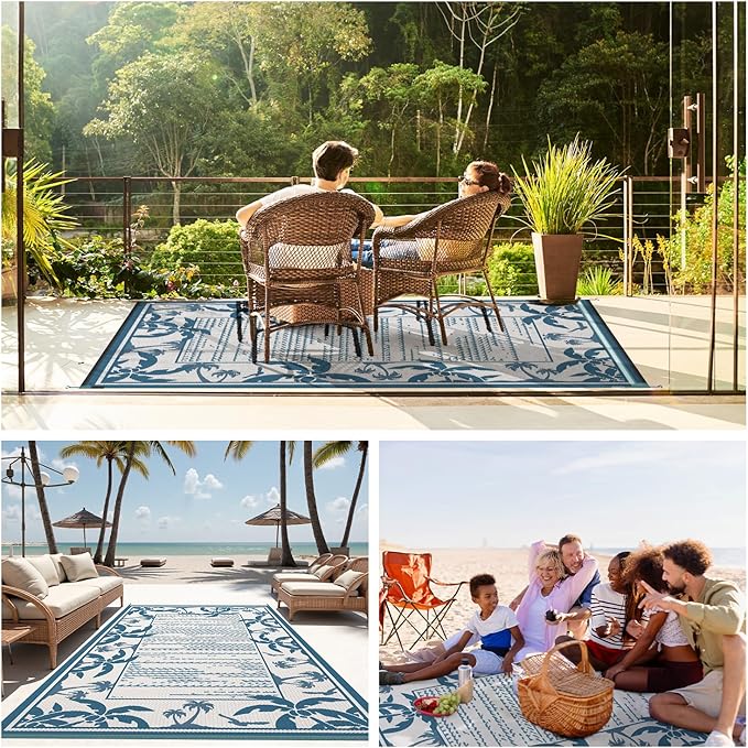 COCOER Outdoor-Rug 5x8 ft Waterproof Reversible Outdoor Plastic Straw Rug RV Indoor Outdoor Carpet Quick Dry Patio Rug Camping Mat for Balcony Backyard Picnic Beach-Blue&White