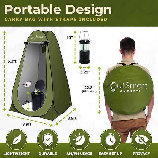 Outdoor Portable Toilet Set for Adults with Camping Night Lantern, Folding XL Toilet, Pop Up Privacy Tent and Carry Bags, Multipurpose Potty, Washable and Foldable for RV Travel