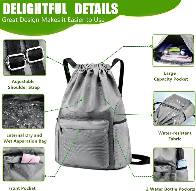 BLIRITEL Drawstring Backpack Waterproof String Bag, Gym Sackpack Sports Fitness Yoga Bag, Shopping Casual Backpack for Men Women (Light Grey)