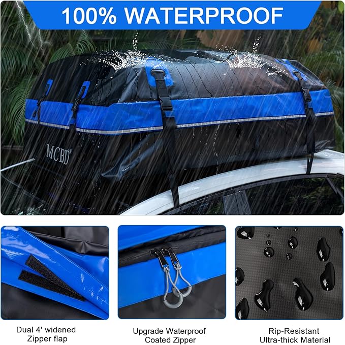 Rooftop Cargo Carrier Bag, 15 Cubic Feet Soft-Shell Waterproof Car Roof Luggage Bag for All Vehicles SUV with/Without Rails, Includes 10 Reinforced Straps + 4 Door Hooks,Storage Bag,Anti-Slip Mat,Blue