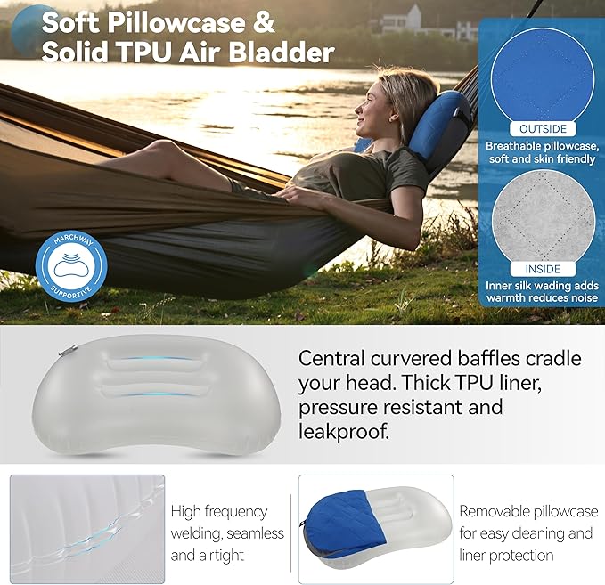 MARCHWAY Ultralight Inflatable Camping Pillow with Soft Washable Cover, Compact Compressible Portable Travel Air Pillow for Outdoor Camp, Sport, Hiking, Backpacking Sleep (Blue)