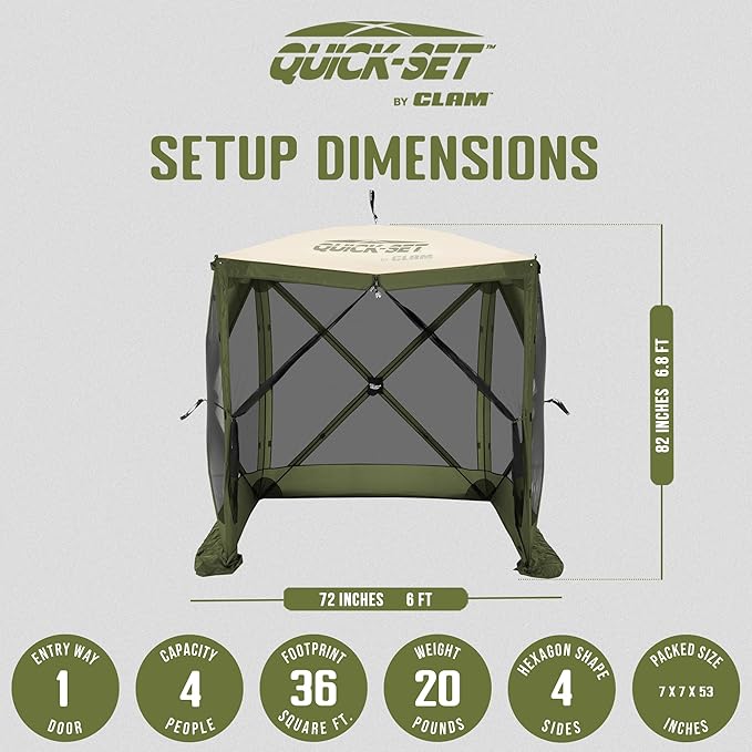 CLAM Pop Up Screen Tent, Outdoor Camping Gazebo Canopy, Traveler, 6', Green/Tan
