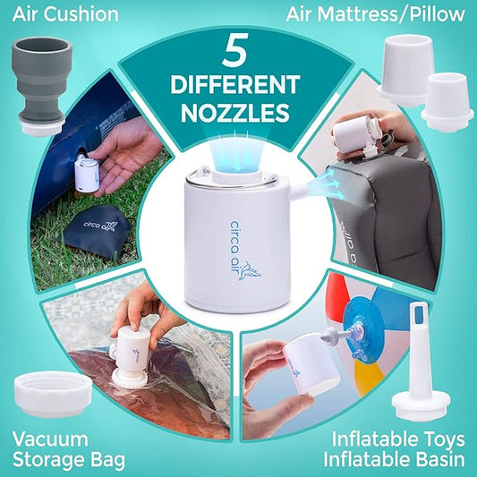 CIRCA AIR Mini Portable Air Pump for Inflatables, Mini Air Pump for Mattress Sleeping Pad, Rechargeable USB Small Air Pump, Travel Vacuum Pump, Tiny Portable Inflator Pump, Pool Float Pump for Toys