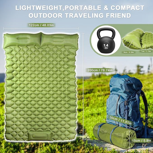 Double Camping Pads for Sleeping, Ultralight Floor Mattresses for Sleeping with Built-in Pillow Foot Pump, Mattress Foldable for Tent, Backpacking, Hiking, Car Traveling, Army Green