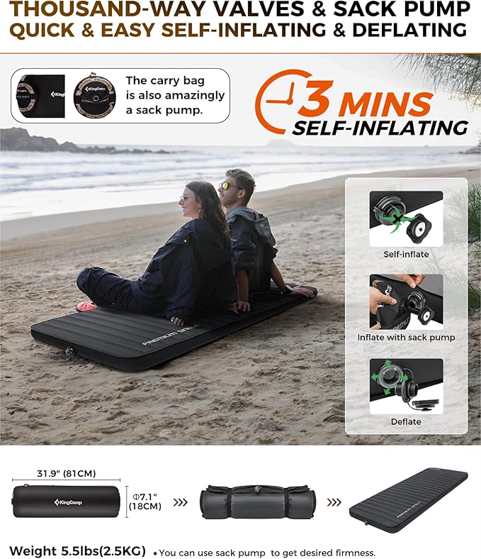 KingCamp Sleeping Pad for Camping, Self Inflating R 7.9 Sleeping Pad for All Seasons, 3" Thick Camping Mattress Mat for Outdoor Tent Cot Car Backpacking, PVC Free (Black)