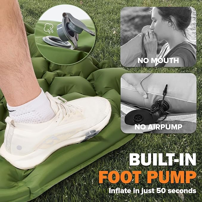 POWERLIX Camping Sleeping Pad with Built in Pillow, Ultralight Camping Mattress Airpad for Outdoor Backpacking Hiking Travelling, Compact Self Inflating Camping Mat, Foot Pump to Inflate