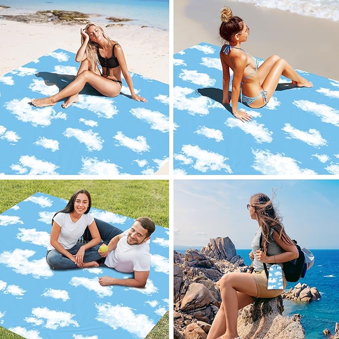 SkyNautre Waterproof Sandproof Beach Blanket, 110''×118'' Oversized Sand Free Beach Mat with 4 Stakes & Storage Bag, Extra Large Big Compact Outdoor Essentials for Picnic, Camping - Clouds