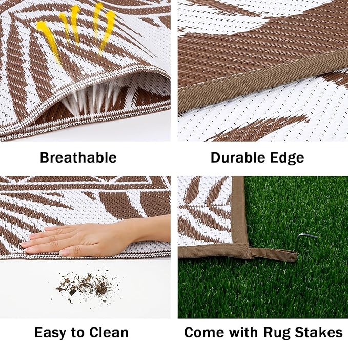 Ileading Outdoor Rug Carpet for Patio 5' x7' Waterproof Reversible Plastic Straw Rug Portable Outside Area Rug Camping Mat for Patio, Clearance, Balcony, Picnic, Pool, Beach, RV, Deck, Leaf Brown