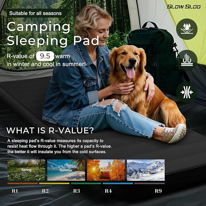 Self-Inflating Sleeping Mats for Camping 4in Ultra-Thick Foam Sleeping Pad Inflatable Camping Mattress with Pump Sack, Portable Camping Pad for 4-Season, Black