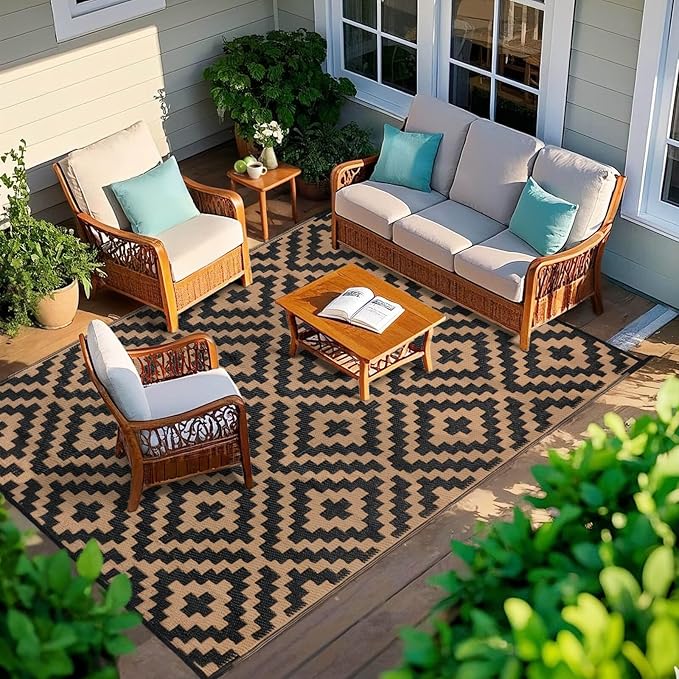 Outdoor Patio Plastic Straw Rug - 5'x8' Outdoor Camping Rug Waterproof Reversible, Area Carpet Patios Clearance RV, Outside Porch Balcony Deck for Camper, Black & Brown