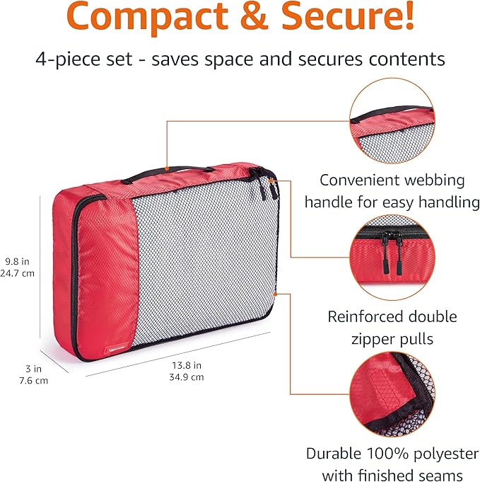 Amazon Basics Medium Packing Cubes for Travel, Packing Organizers, 4-Piece-Set With Double Zipper Pulls and Mesh Top Panel, 100% Durable Polyester, Red, 13.8"L x 9.8"W x 3"H