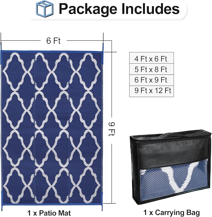 OutdoorLines Outdoor Plastic Area Rugs for Patio 6x9 ft - Reversible Outside Carpet, Stain & UV Resistant RV Mats, Straw Rug for Camping, Deck Garden, Porch and Balcony, Moroccan Navy & Light Grey