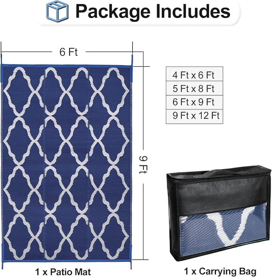 OutdoorLines Outdoor Plastic Area Rugs for Patio 6x9 ft - Reversible Outside Carpet, Stain & UV Resistant RV Mats, Straw Rug for Camping, Deck Garden, Porch and Balcony, Moroccan Navy & Light Grey