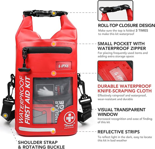 THRIAID 250 PCS Waterproof First Aid Kit, Roll Top Reflective Boat Dry Bag Bug Out Bag, Emergency Medical Kit Ideal for Boating, Camping, Fishing, Kayaking, Floating, Red